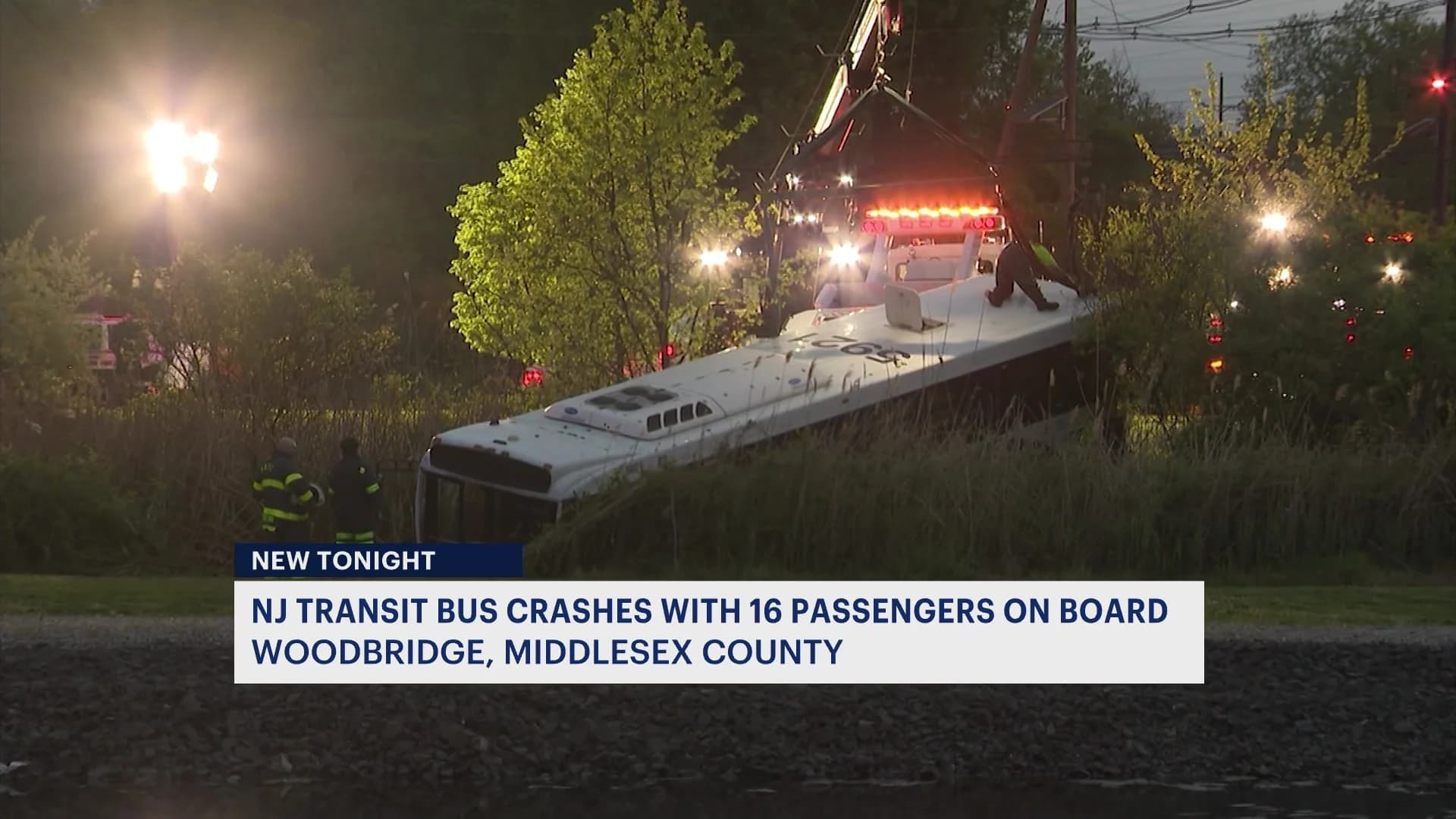Police: 7 people injured after NJ Transit bus crashes into ditch in Woodbridge