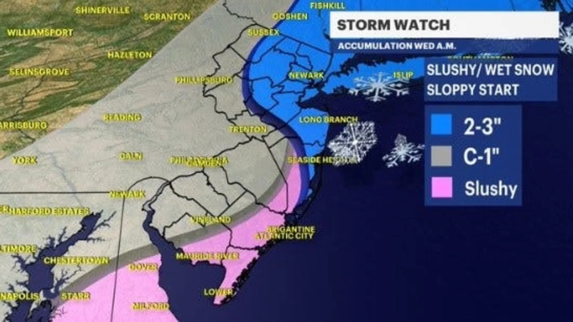 Snow falling across parts of New Jersey; messy morning commute possible