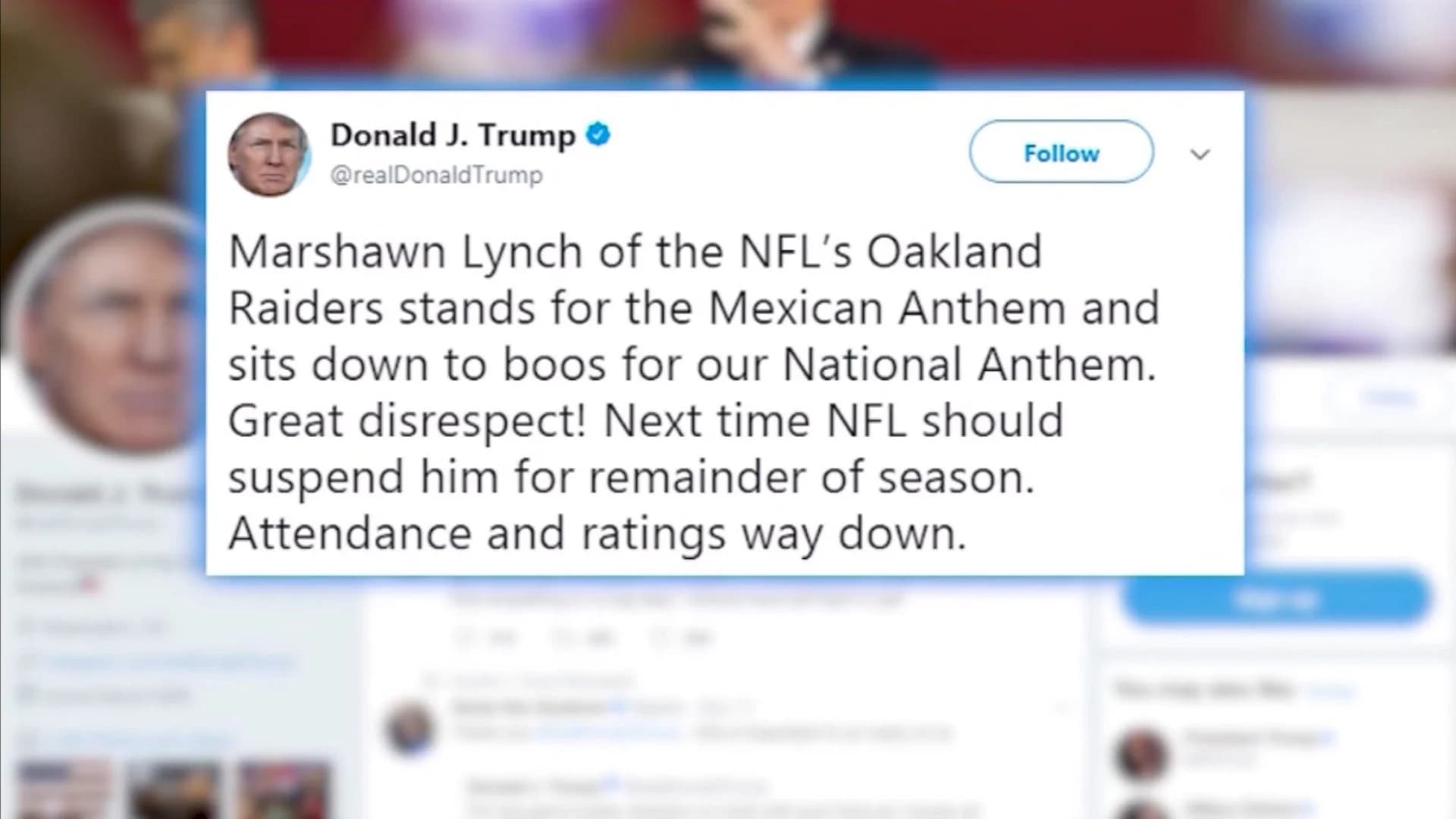 Trump: NFL should suspend Oakland Raiders' Marshawn Lynch
