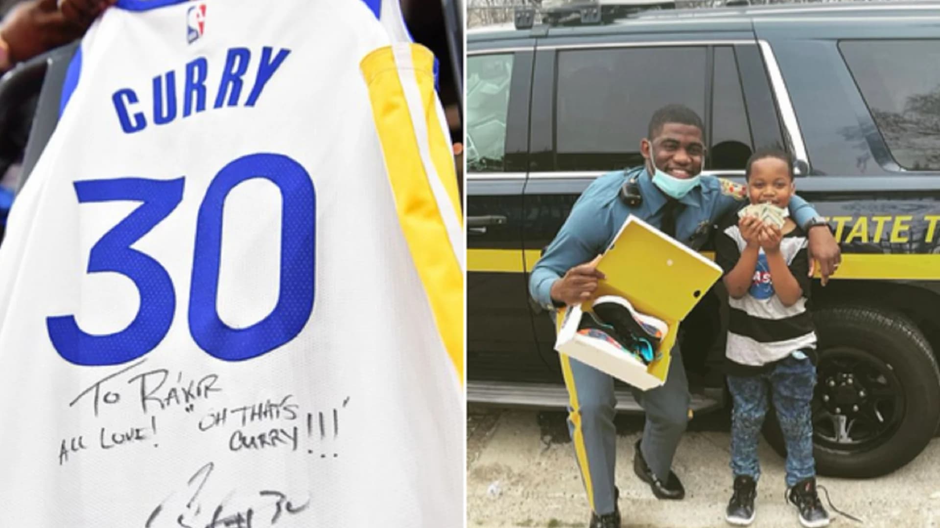 Steph Curry gives jersey to Delaware state trooper seen in viral video; drains 10 threes in win